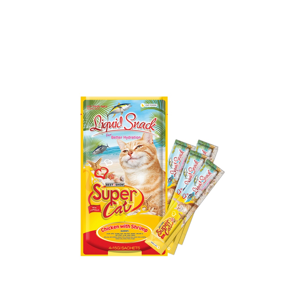 Best In Show Supercat Liquid Snack Chicken w/ Shrimp 15gr ( 1 pack isi 4 sachet )